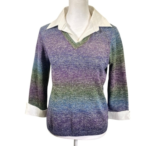 KIM ROGERS Women's size M Petite V-neck knit sweater with inset Collar & Cuffs - Picture 1 of 7